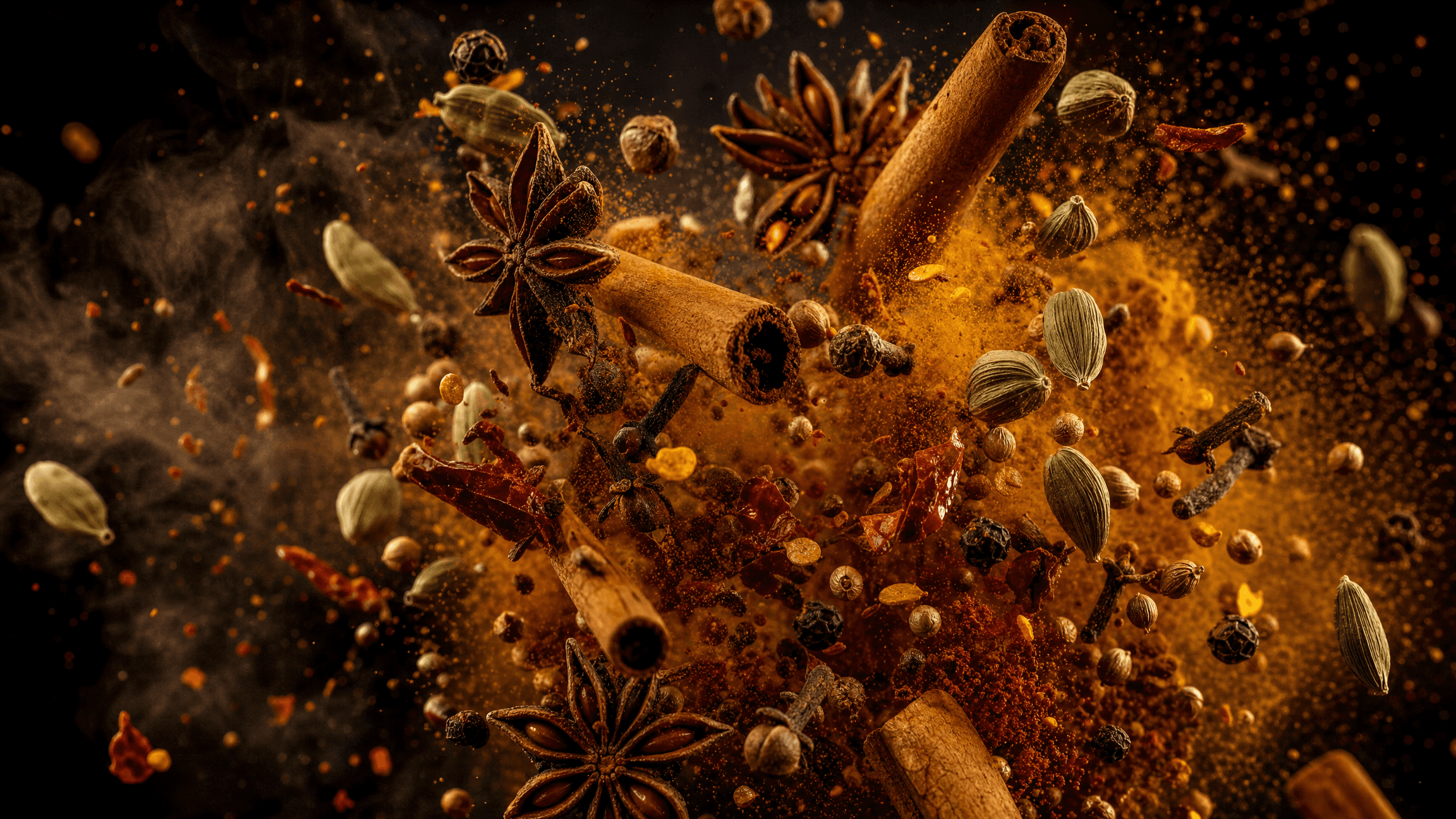 Whole spices — cinnamon, star anise, cardamom and chilli — suspended mid-air in dramatic light